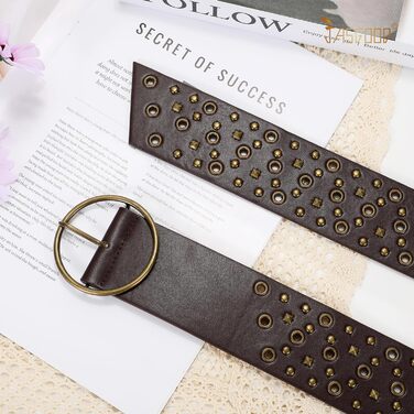 Жіночий широкий пояс JasGood з прорізними пірсингами та круглою застібкою, пояс з пірсингом, пояс для талії для вінтажних джинсів, штанів, суконь. Розмір S (підходить для талії до 88 см) (Коричневий, Розмір S (підходить для талії до 88 см))