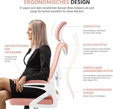 Крісло офісне Yaheetech ергономічне, з підйомними підлокітниками, регульованою підголівником, функцією гойдання, до 136 кг, білий/рожевий