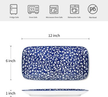 Сервіровочні тарілки Selamica Keramik, набір 6 шт., 24 x 14 x 2.5 см, вінтажний блакитний, для суші, закусок, фруктів