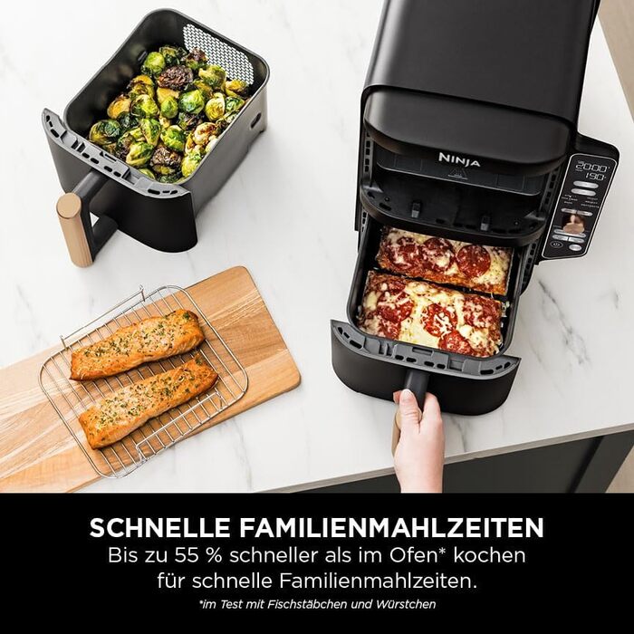 Ninja Double Stack XL Air Fryer, 2 vertical drawers, 4 cooking levels, 2 compartments, space-saving design, 9.5 L capacity, 6 functions, 8 portions, tongs, Black/Copper SL400EUCP Stacked 9.5L Copper/Black