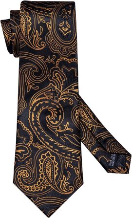 Набір краватки, кишенькового хустинки та запонок Barry.Wang: Шовкова краватка з квітковим візерунком Paisley, чорно-золота, для весілля та свят