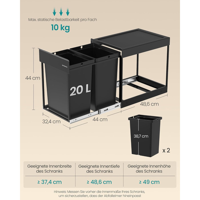 SONGMICS Відро для сміття кухонне, сортувальник сміття для під шафки, 2 відділення, висувний, сталевий каркас, ABS-кришка, LTB950B01 (чорний, 2 x 20 л)