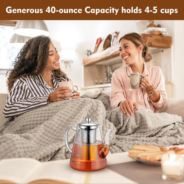 Скляний чайник із ситечком 1200 мл з боросилікатного скла з мірною шкалою для листового чаю та чайних квітів, подарунковий набір