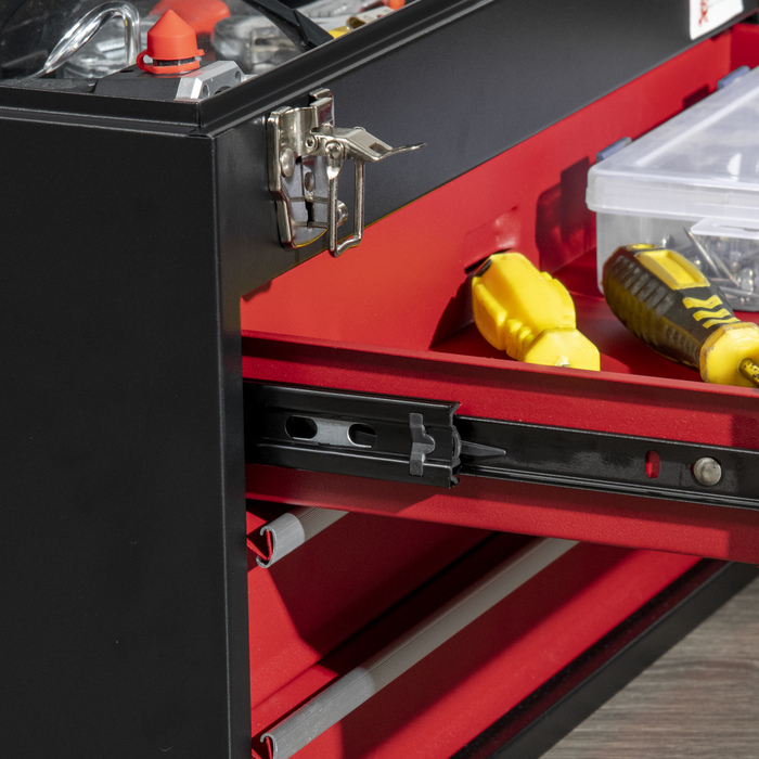 DURHAND Tool Case Practical Tool Box without Tools 3 Drawers with Handle Steel Lock Black Red