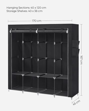 SONGMICS Wardrobe, Clothes Closet, 45 x 170 x 167 cm, 4 Hanging Shelves, with Shelves, 4 Side Pockets, Lots of Space, for Bedroom, Living Room, Black RYG094B02