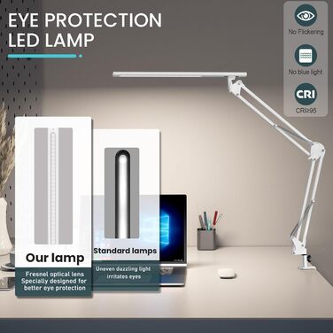 Лампа для робочого столу в офіс, кріпиться на стіл, архітекторська лампа з адаптером QC3.0, лінза Френеля, 5 режимів кольору та регулювання яскравості, лампа-прищіпка з функцією пам'яті, біле освітлення