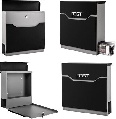 Поштова скринька Arebos сучасного дизайну настінна, з газетницею, чорна - стійка до погодних умов, з ключами та кріпленням