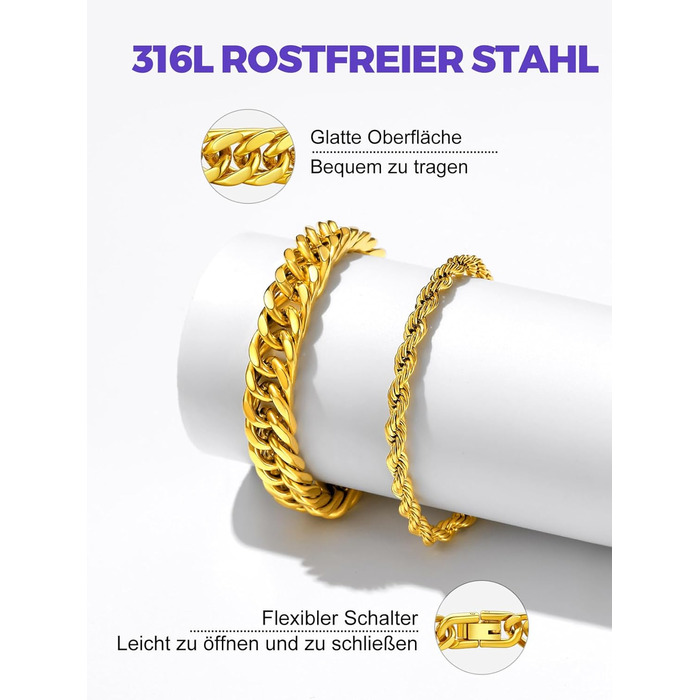 Набір браслетів для чоловіків Richsteel з нержавіючої сталі, 3 шт., чорний/сталь/золотий, 9/8/4 мм, довжина 19/21/23 см, для подарунка