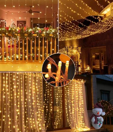 Лямпаденний завіс 6м x 3м, 600 LED, з вилкою, таймером, 8 режимів, вологостійкий, тепле світло. Ідеально для декору вікна, павільйону, саду, на Різдво.