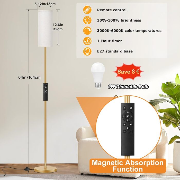 Стельова лампа PreeOtti для вітальні з LED, диммуванням, пультом, 4 колірними температурами, сірий абажур, для вітальні, спальні, офісу