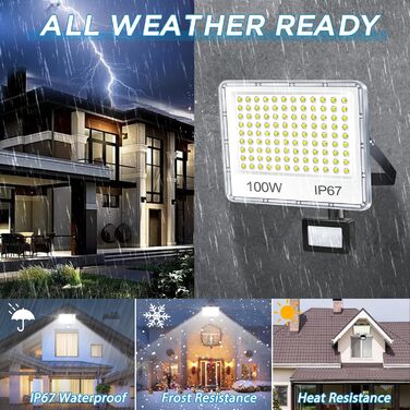 LED Floodlights with Motion Sensor Outdoor 100W 2 Pack, 10000LM LED Spotlights with Motion Sensor, 6500K Cool White Outdoor Floodlights, IP67 Waterproof Floodlights for Warehouse, Garden, Garage