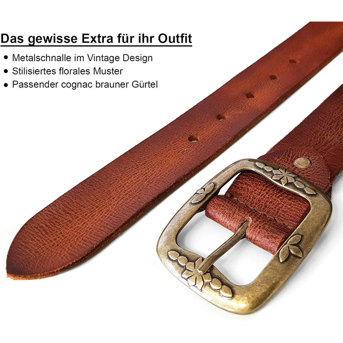 Жіночий шкіряний ремінь ROYALZ Vintage з буйволової шкіри 38 мм, колір коньяк, з антикварною квітковою пряжкою, регульований, довжина 110 см (талія 95 см)