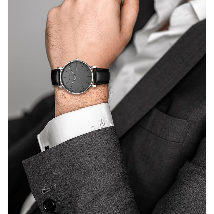 Годинник чоловічий BUREI Ultra Slim аналоговий з датою, кварцовий механізм Japan, шкіряний ремінець, чорний та сріблястий, подарунок для чоловіків