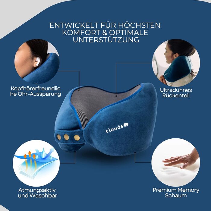 Подушка для шиї CLOUDS – регульована, з піною з пам'яті, для подорожей (літак, авто) – 2 розміри, дихаючий чохол, 5 кольорів (блакитний, L/XL)