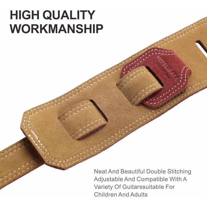 Гітарний ремінь Nefelibata з повного нубуку, 2,5 см шириною, з м'якою підкладкою та петлею для кабелю, для акустичної, бас та електрогітари (Jujube Red)