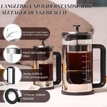 French Press WedRink: Френч-прес з нержавіючої сталі 1л для кави та чаю, з боросилікатного скла