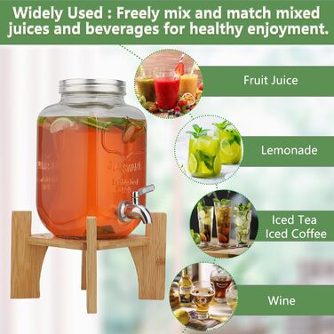 Скляний диспенсер для напоїв на підставці 8л з бамбуковою підставкою та краном з нержавіючої сталі