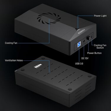 Док-станція FIDECO для HDD/SSD 2.5'' та 3.5'' SATA, USB 3.0 5Gbps, зовнішній корпус для жорстких дисків з вентилятором та підтримкою UASP
