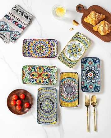 Сервіровочні тарілки HENXFEN з порцеляни, 25.4 см, набір прямокутних тарілок, 25.4 x 17.8 см, для салату, закусок, сашімі, богемний квітковий дизайн у 6 яскравих кольорах (прямокутна тарілка 20.3 см)