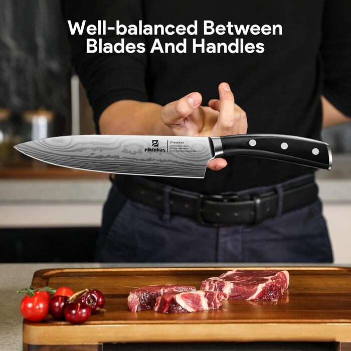 Набір кухонних ножів Piklohas 17 предметів з блоком, професійний набір з підставкою з дерева, з дамастним візерунком, з точилкою