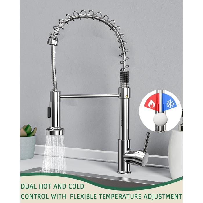 Кухонний змішувач з висувним виливом та душем, поворотний на 360°, з двома режимами розпилення, одноlever, хром