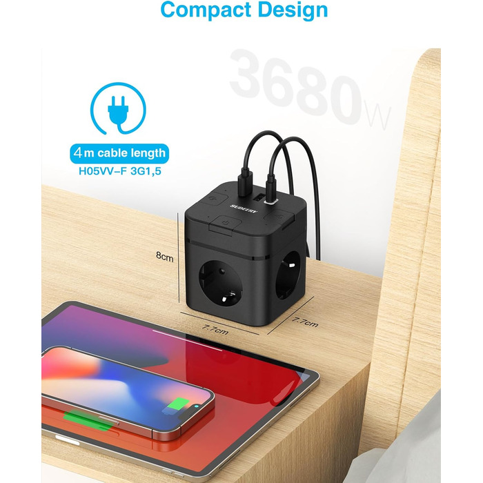 Багатофункціональний USB-розподільник 6 в 1 з USB-C, 3 розетки, індивідуальне вмикання, куб, кабель, для офісу, дому, подорожей (4M, чорний)