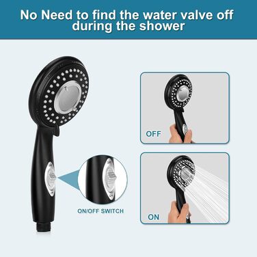 Handheld shower with on/off switch, water-saving, high-pressure showerhead, 150 cm hose, wall-mounted, white painted (matte black)