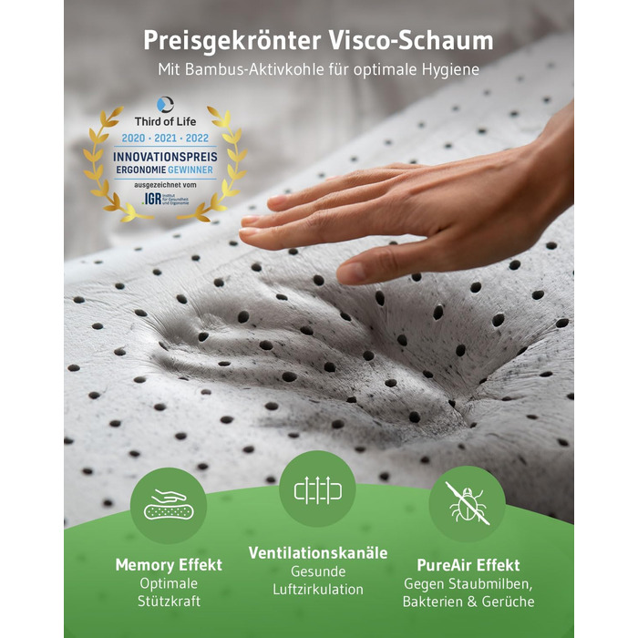 ACAMAR QuickDry Neck Pillow, Orthopedic Side Sleeper Pillow, Visco Head Pillow made of Memory Foam, Quick-Drying & Thermoregulating Cover, Cervical Spine Support Pillow & Anti-Snoring Pillow, Anthracite Thermic QuickDry Cover