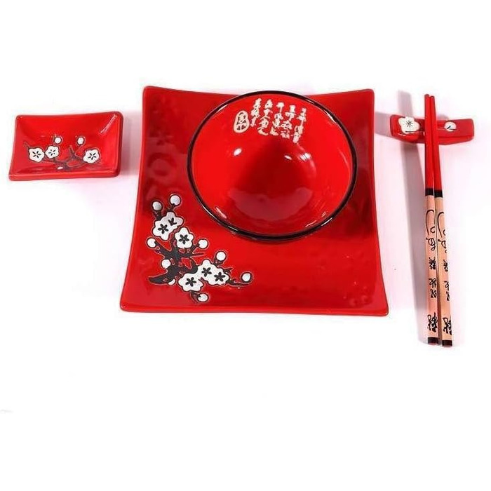 Традиційний японський набір для суші – 2 персони – червоний набір посуду з порцеляни з квітковим орнаментом (японський подарунок)