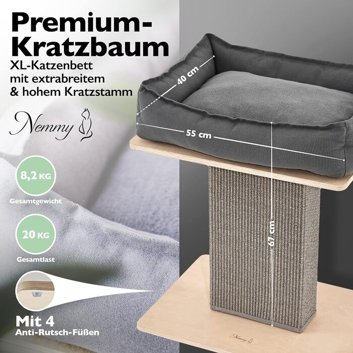 Nemmy Premium Cat Tree Small Beige | Stable Scratching Post Extra Wide | Cat Bed with Cushion | Cat Tree for Large Cats | Modern Wood Natural | Scratching Post | Scratching Post (Birch/Dark Grey)