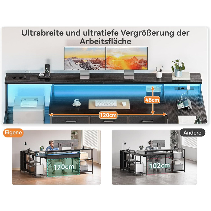 Ігровий стіл Coleshome з 7 висувними ящиками та великим об'ємом зберігання, 199.5×145.5 см, кутовий стіл з RGB LED підсвічуванням, реверсивний L-подібний стіл з 2 розетками, ідеальний для офісу та геймінгу, чорний, 199.5×145.5 см