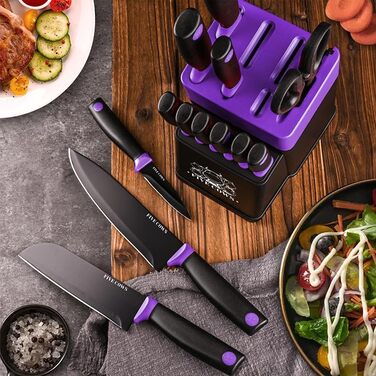 Набір кухонних ножів FIVE COWS з 14 предметів: професійний набір ножів для дому з самозаточуванням, включає ніж для стейка та ножиці, покриття захищає від окислення (фіолетовий)