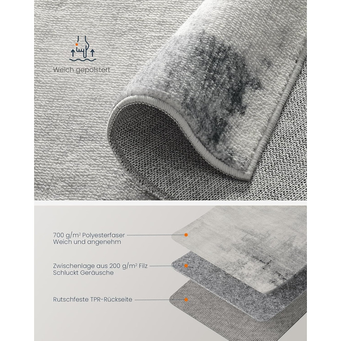 SONGMICS HOME Rug, 160 x 230 cm, Living Room Rug, Non-Slip Rug, Modern Abstract Style, for Living Room, Kitchen, Hallway, Dining Room, Machine Washable, Dove Gray TAR077G01