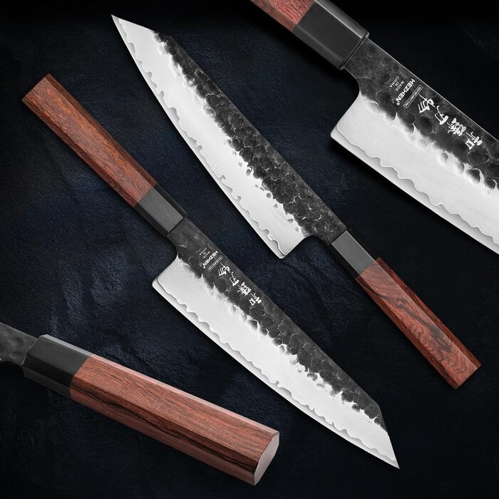 Японський ніж Kiritsuke Messer 21.5 см, сталь 3 шари, професійний, ручка з червоного дерева, дерев'яна піхва