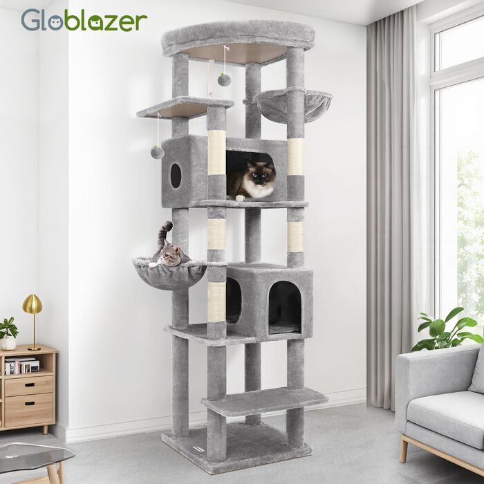 Драбина для котів Globlazer XXL, 188 см, з будиночком, платформами та кошиками. Стабільна, не перекидається, для великих котів, сірий