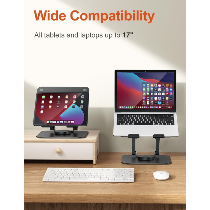Adjustable Laptop Stand with 360° Swivel Base - Ergonomic Laptop Riser for Desk & Standing Use - Fits 10-17