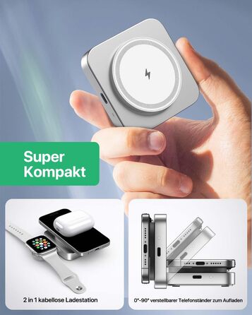 Бездротова зарядка MagSafe для Apple Watch та iPhone, сумісна з iPhone 16/15/14/13/12, iWatch, AirPods Pro 3/2 (срібна)