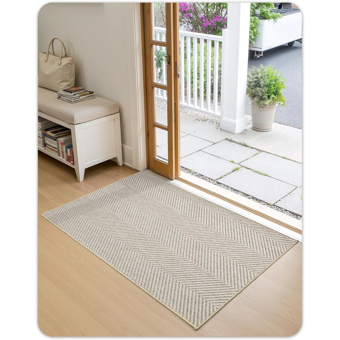 Килимок для дому COLOR&GEOMETRY Ultradünne Innentürmatte 43x76 см, машинного прання та антиковзаюча підлога, плоский килимок для приміщень, вбираючий килим для паркету, коридору (складений) (Білий, Бежевий, 61 x 91 см)