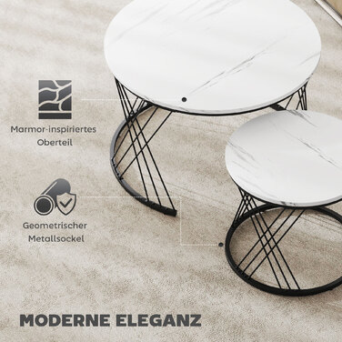 HOMCOM Set of 2 Round Coffee Tables with Marble Look - White