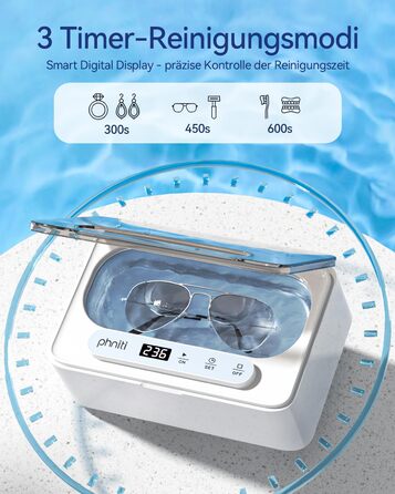 Ультразвуковий очисник Phniti 47 кГц: для окулярів, ювелірних виробів, зубних протезів. 3 режими, портативний, 330 мл, білий