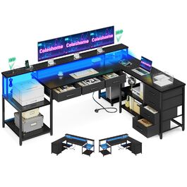 Ігровий стіл Coleshome з 7 висувними ящиками та великим об'ємом зберігання, 199.5×145.5 см, кутовий стіл з RGB LED підсвічуванням, реверсивний L-подібний стіл з 2 розетками, ідеальний для офісу та геймінгу, чорний, 199.5×145.5 см