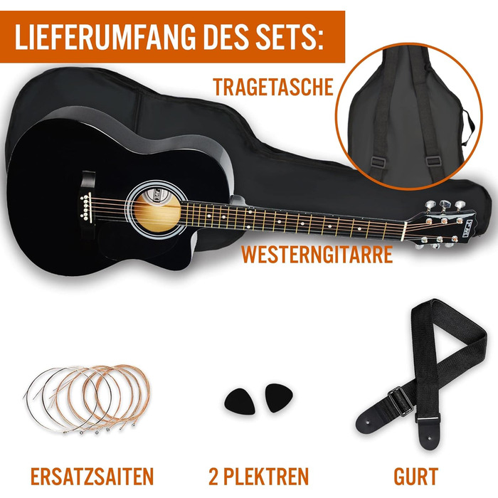 Акустична гітара 3rd Avenue 4/4 з вирізом, для початківців – набір з чохлом, ремінком, медіатором та запасними струнами. Безкоштовні уроки на 6 місяців. Колір: Натуральний (Чорний).