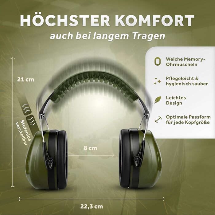 Schallwerk Work+ | Захист слуху для роботи – наголовники з регульованим розміром, високоякісні навушники для шумозаглушення – капелюхоподібні навушники для роботи та повсякденного використання (оливковий)