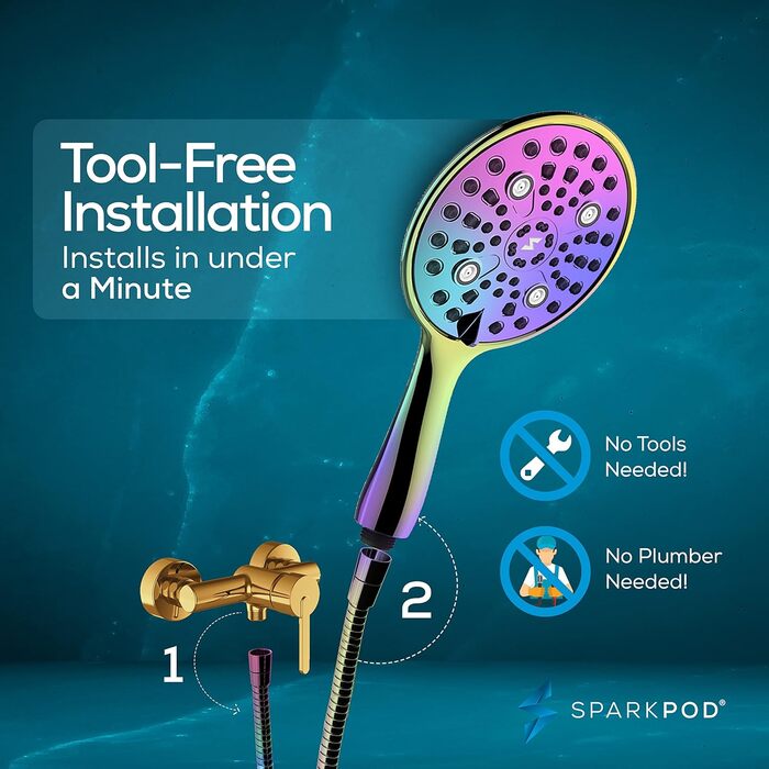 Душова лійка SparkPod високого тиску з довгим шлангом, 15 см, хром, XXL, легкий монтаж, розкішний дизайн, ефект дощу
