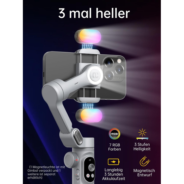 Стабілізатор для смартфона AOCHUAN 3-осьовий з RGB-підсвічуванням, для iPhone/Android, з функцією трекінгу обличчя, комплект Smart X Pro (Сірий)