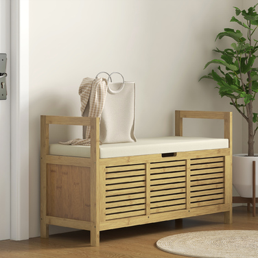 HOMCOM Shoe Cabinet with Folding Lid and Shoe Shelf, Bamboo Entryway Bench, Natural Storage for Entryway and Hallway, 100 x 40 x 60 cm