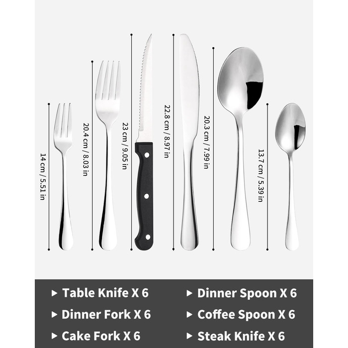 Xespis Cutlery Set, 6 Person, 36-Piece Stainless Steel Cutlery Set, with Steak Knives, Elegant Dining Cutlery, High-Gloss Polished and Dishwasher Safe, including Knife, Fork, and Spoon, for Home, Party, Restaurant