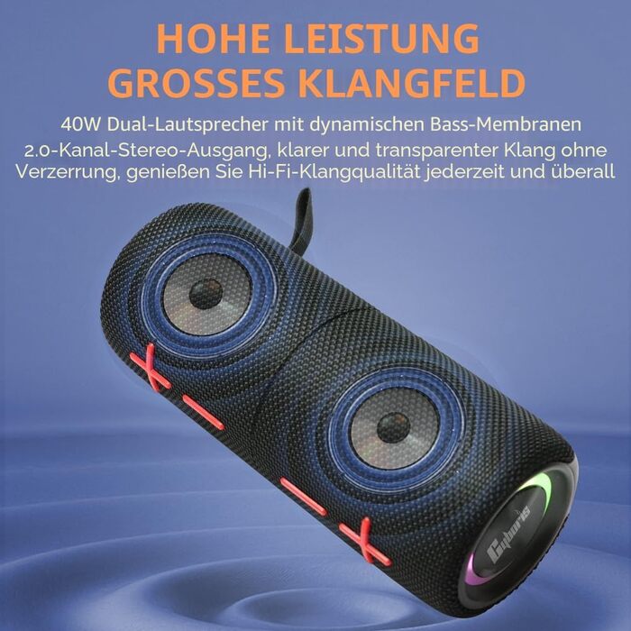 CYBORIS Bluetooth колонка 2-в-1 40W, водонепроникна, з басами, RGB підсвіткою, до 24 год роботи, для дому/вулиці/подорожей