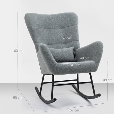 HOMCOM Rocking Chair, Rocking Armchair with Teddy Fabric Look, Armrests, Still Chair with Wooden Skids, Lumbar Pillow, Relax Chair with Side Pocket for Living Room, Bedroom, Grey | Aosom