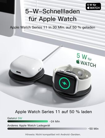 Бездротовий зарядний пристрій 2-в-1 Qi2 25W з MagSafe для iPhone 15/14/13/12, Apple Watch, AirPods + Блок живлення 30W (Чорний)